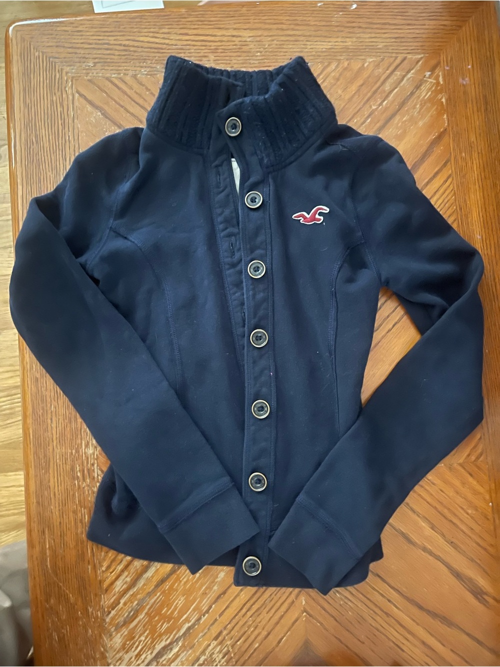 Y2K Hollister Navy Ribbed Collar Button-Up Fleece Jacket